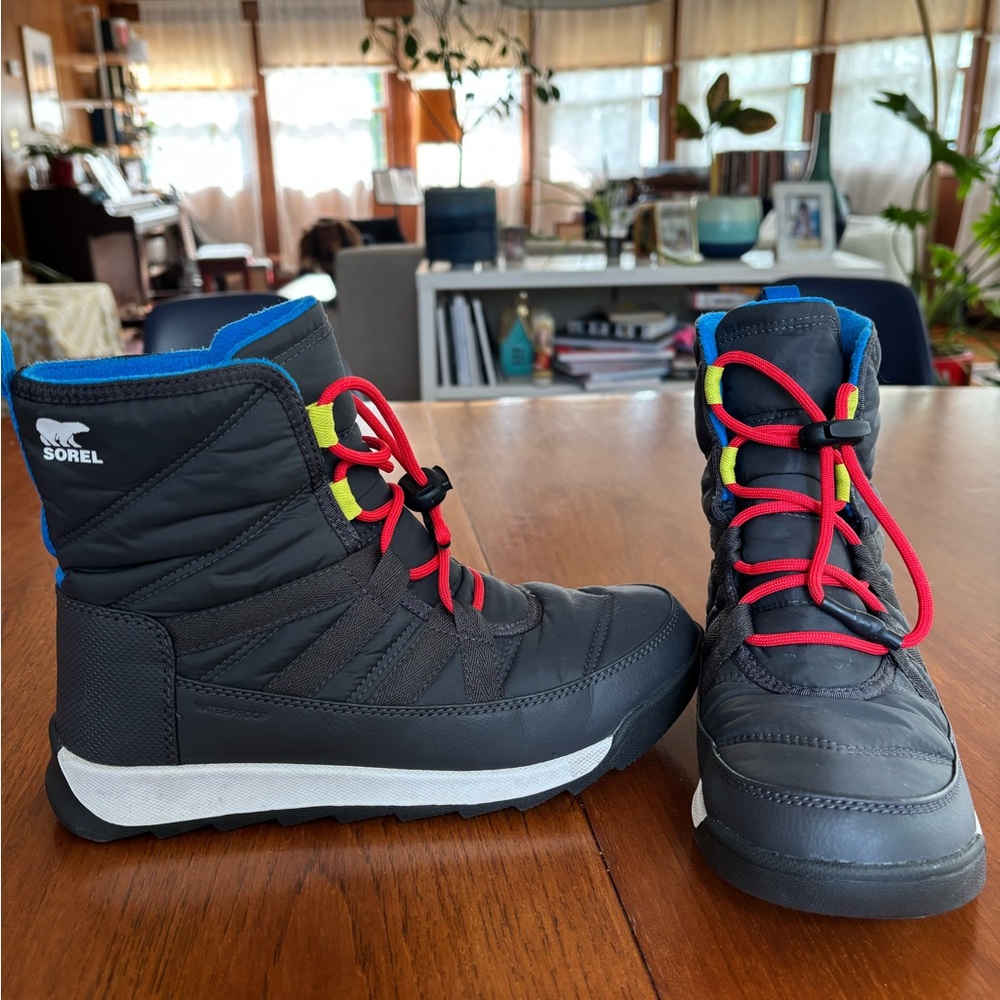 Sorel Kids' Charcoal Boots with Red and Blue Accents